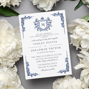 Convite Casamento com Monograma de Crista Azul Vintage