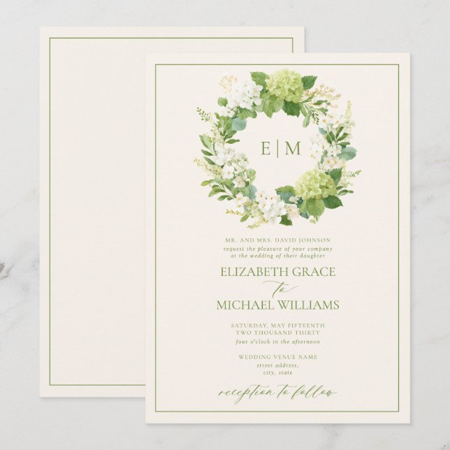 Convite Casamento com Monograma de Crista de Folhas Verdes (Frente/Verso)