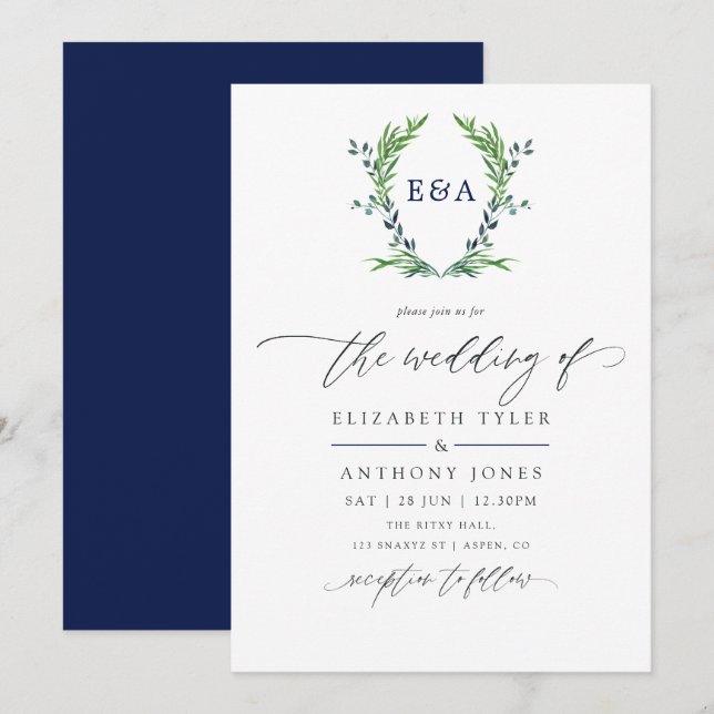 Convite Casamento com Monograma de Crista de Louro Azul Ma (Frente/Verso)