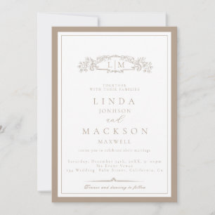Convite Casamento com Monograma de Crista em Taupe Elegant