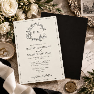 Convite Casamento com Monograma de Crista Folhada em Marfi