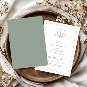 Convite Casamento com Monograma de Crista Folhosa em Verde