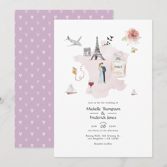 Convite Casamento com Monograma de Destino em Paris com Aq (Frente/Verso)
