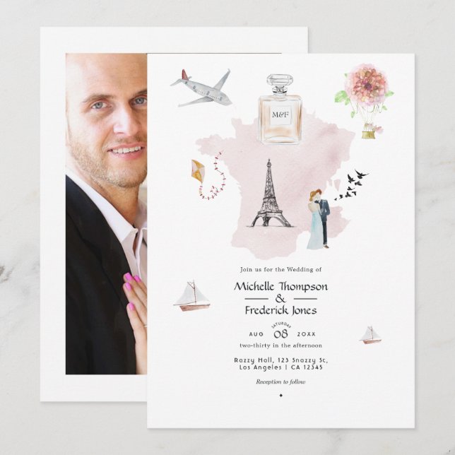 Convite Casamento com Monograma de Destino em Paris com Aq (Frente/Verso)