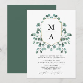 Convite Casamento com Monograma de Eucalipto Moderno
