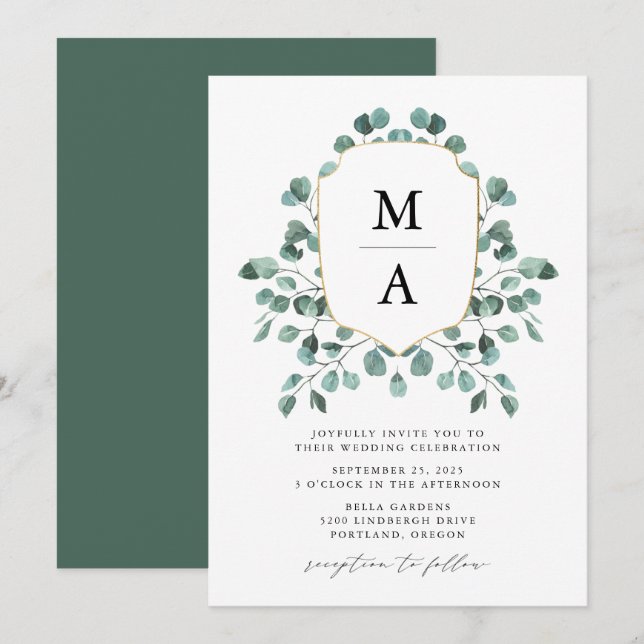 Convite Casamento com Monograma de Eucalipto Moderno (Frente/Verso)