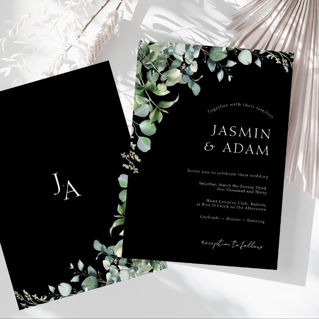 Convite Casamento com Monograma de Eucalipto Preto Simples (Simple Black Greenery Eucalyptus Monogram Wedding Invitation)