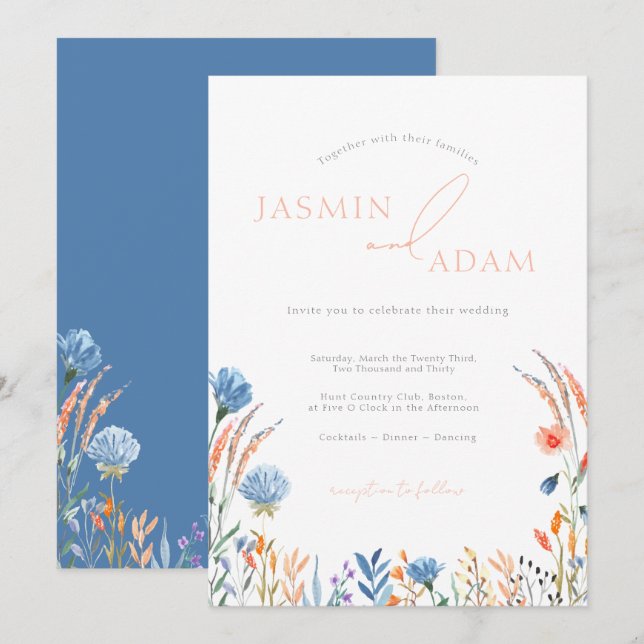 Convite Casamento com Monograma de Flor Silvestre Azul Ele (Frente/Verso)