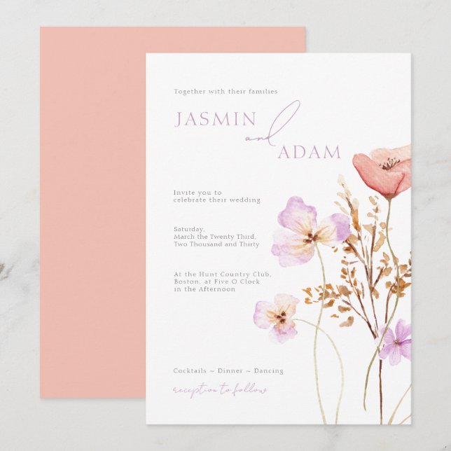 Convite Casamento com Monograma de Flor Silvestre Lilás e  (Frente/Verso)