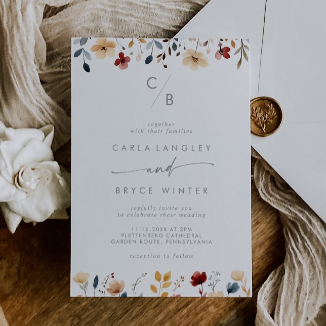 Convite Casamento com Monograma de Flor Silvestre Multicol (Criador carregado)