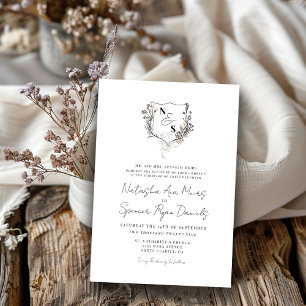 Convite Casamento com Monograma de Floral Preto e Branco F