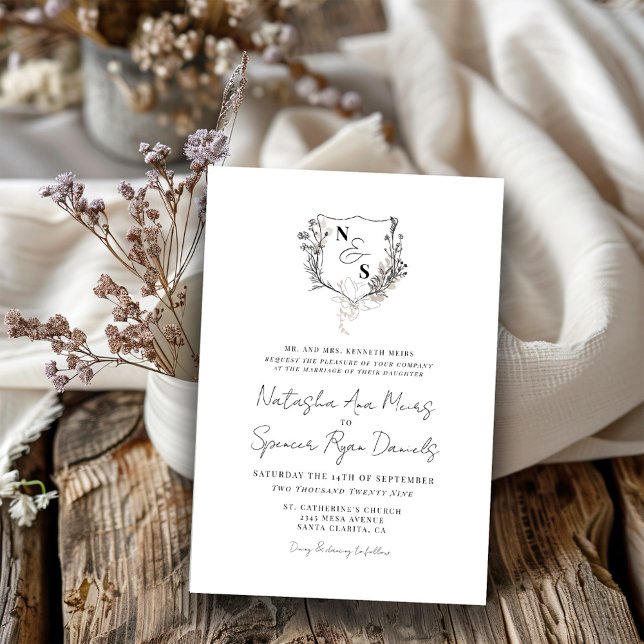 Convite Casamento com Monograma de Floral Preto e Branco F (Criador carregado)