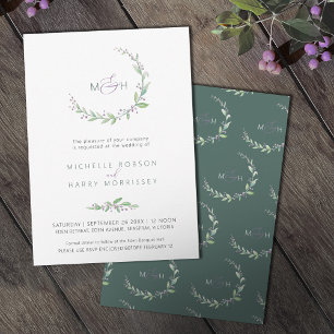 Convite Casamento com monograma de folhagem verde de fruta
