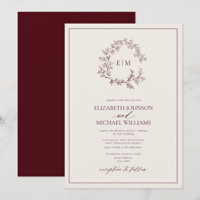 Convite Casamento com Monograma de Folhas em Marfim Borgon (Frente/Verso)