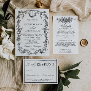 Convite Casamento com Monograma de Jardim Preto e Branco E