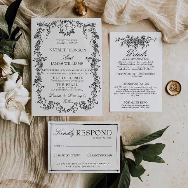 Convite Casamento com Monograma de Jardim Preto e Branco E (Criador carregado)
