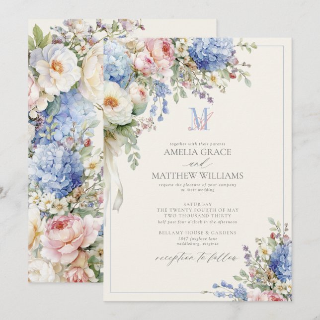 Convite Casamento com Monograma de Marfim e Hortênsia Past (Frente/Verso)