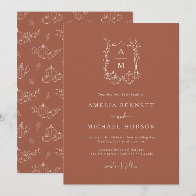 Convite Casamento com Monograma de Outono (Frente/Verso)