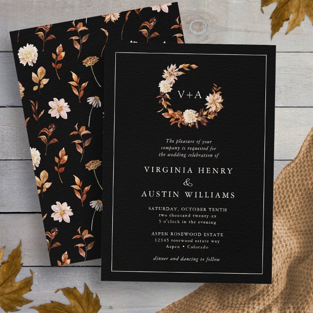 Convite Casamento com Monograma de Outono Preto (Black Fall Monogrammed Wedding Invitation
)