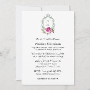 Convite Casamento com Monograma de Peônia Rosa Floral Eleg