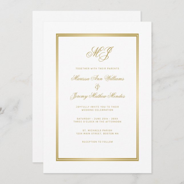 Convite Casamento com Monograma Dourado de Script Branco E (Frente/Verso)