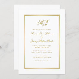 Convite Casamento com Monograma Dourado de Script Branco E