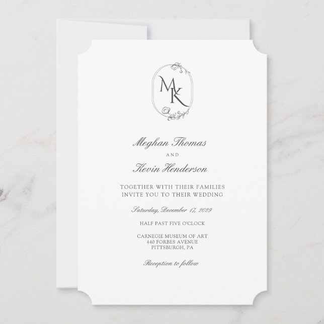 Convite Casamento com Monograma Elegante | Clássico Formal (Frente)