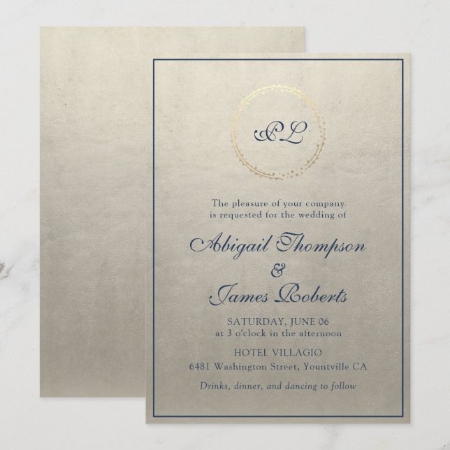 Convite Casamento com Monograma Elegante em Champagne e Az (Frente/Verso)