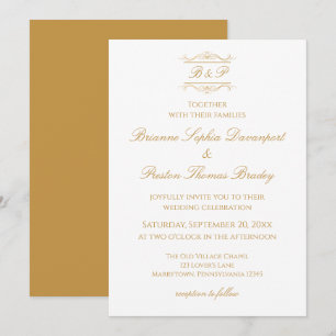 Convite Casamento com Monograma Elegante Simples em Dourad