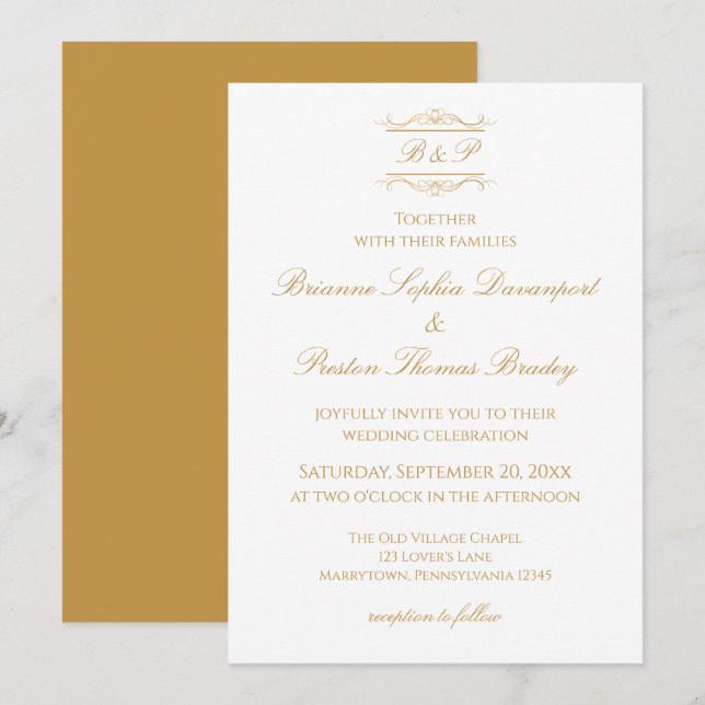 Convite Casamento com Monograma Elegante Simples em Dourad (Frente/Verso)