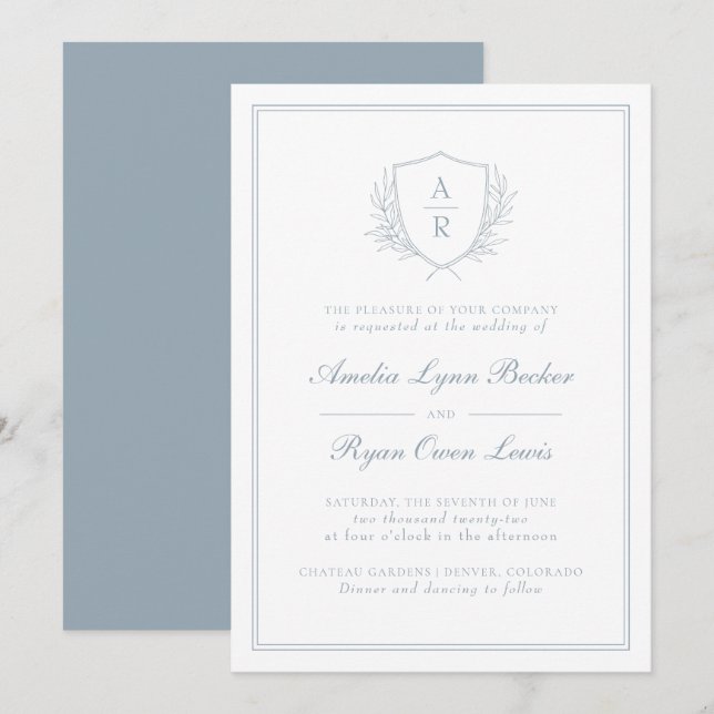 Convite Casamento com Monograma em Azul Poeirento (Frente/Verso)