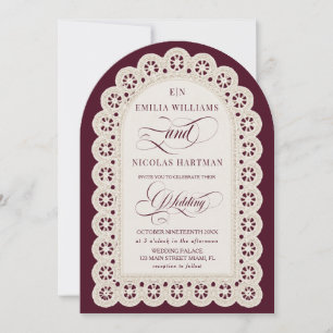 Convite Casamento com Monograma em Renda Borgonha Old Mone