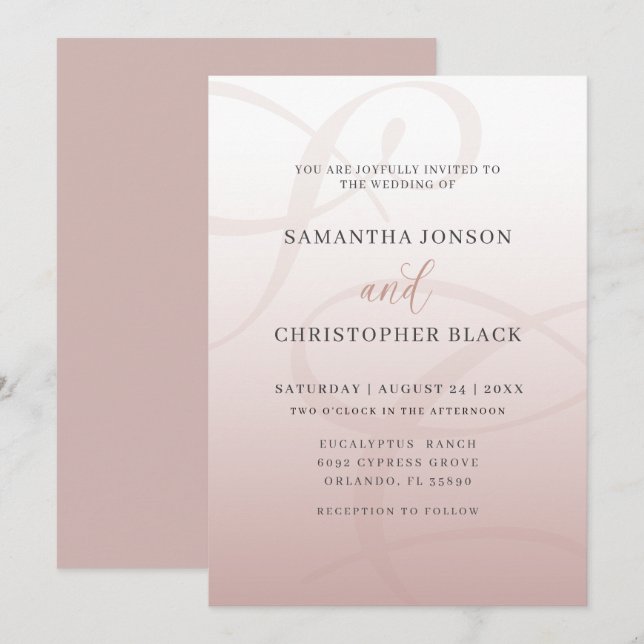 Convite Casamento com Monograma em Script Minimalista Rosa (Frente/Verso)