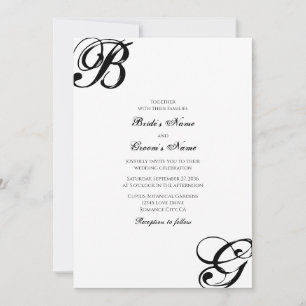 Convite Casamento com Monograma em Script Preto e Branco