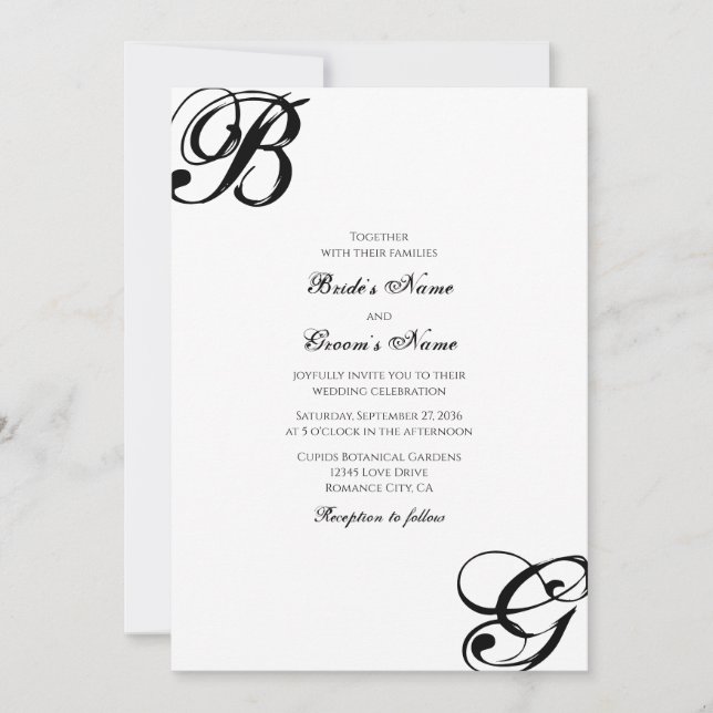 Convite Casamento com Monograma em Script Preto e Branco (Frente)