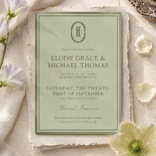 Convite Casamento com Monograma em Verde Sálvia Elegante