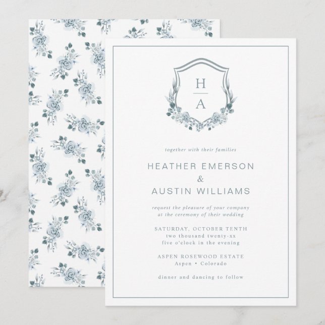 Convite Casamento com Monograma Floral Azul (Frente/Verso)
