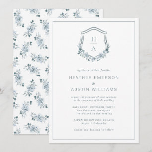 Convite Casamento com Monograma Floral Azul