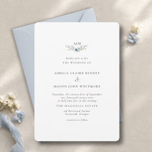 Convite Casamento com Monograma Floral Azul Elegante e Sof