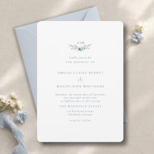 Convite Casamento com Monograma Floral Azul Elegante e Sof
