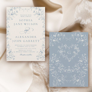 Convite Casamento com Monograma Floral Azul Romântico