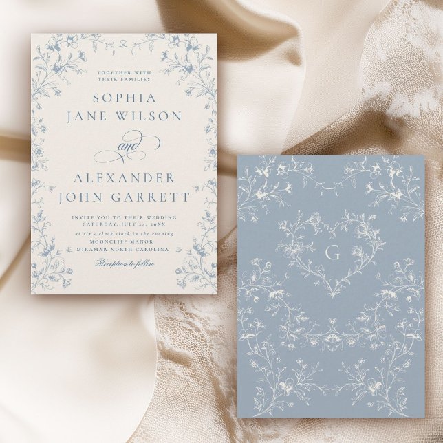 Convite Casamento com Monograma Floral Azul Romântico (Criador carregado)
