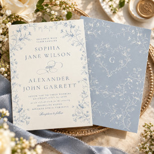 Convite Casamento com Monograma Floral Azul Romântico
