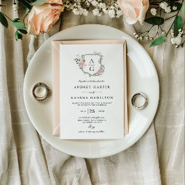 Convite Casamento com Monograma Floral Cor-de-Rosa Elegant