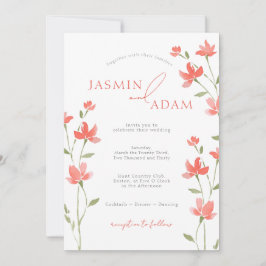 Convite Casamento com Monograma Floral de Coral Elegante