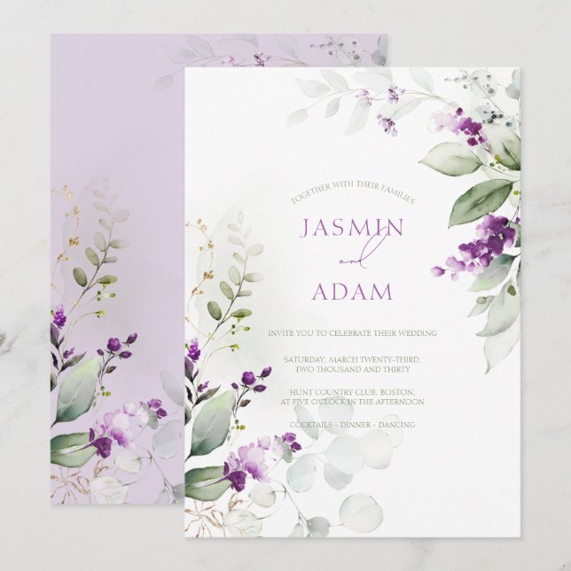 Convite Casamento com Monograma Floral de Eucalipto Roxo E (Frente/Verso)