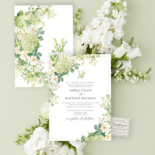Convite Casamento com Monograma Floral de Hortênsia Verde