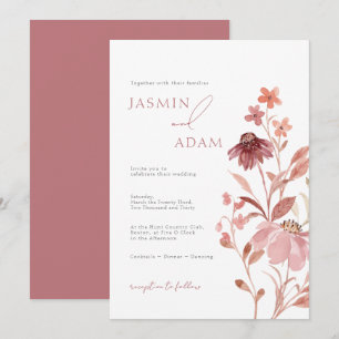 Convite Casamento com Monograma Floral Elegante em Rosa Po