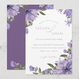 Convite Casamento com Monograma Floral Roxo Elegante