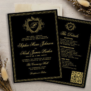 Convite Casamento com monograma formal QR dourado preto cl